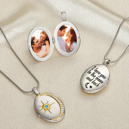 Customized Oval Moon and Star Locket Necklace